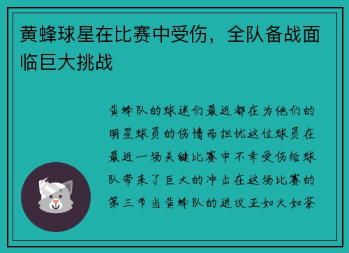 黄蜂球星在比赛中受伤，全队备战面临巨大挑战