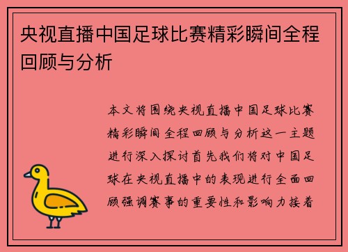 央视直播中国足球比赛精彩瞬间全程回顾与分析